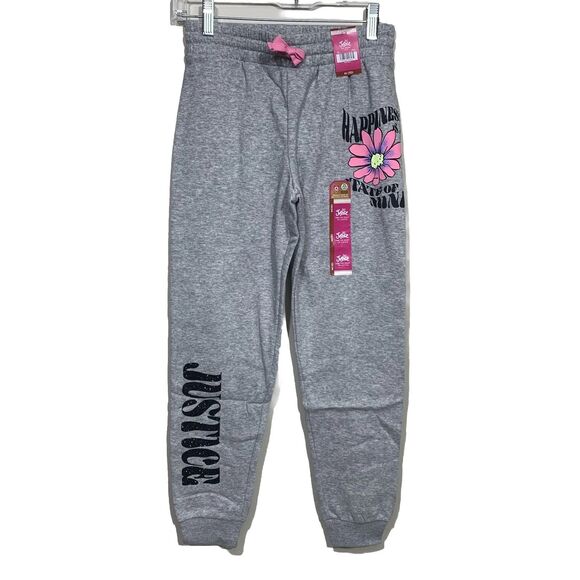 Justice Girls Joggers Sweatpants Size M (10) Gray “Happiness “ Flower Graphic NW - Picture 1 of 5